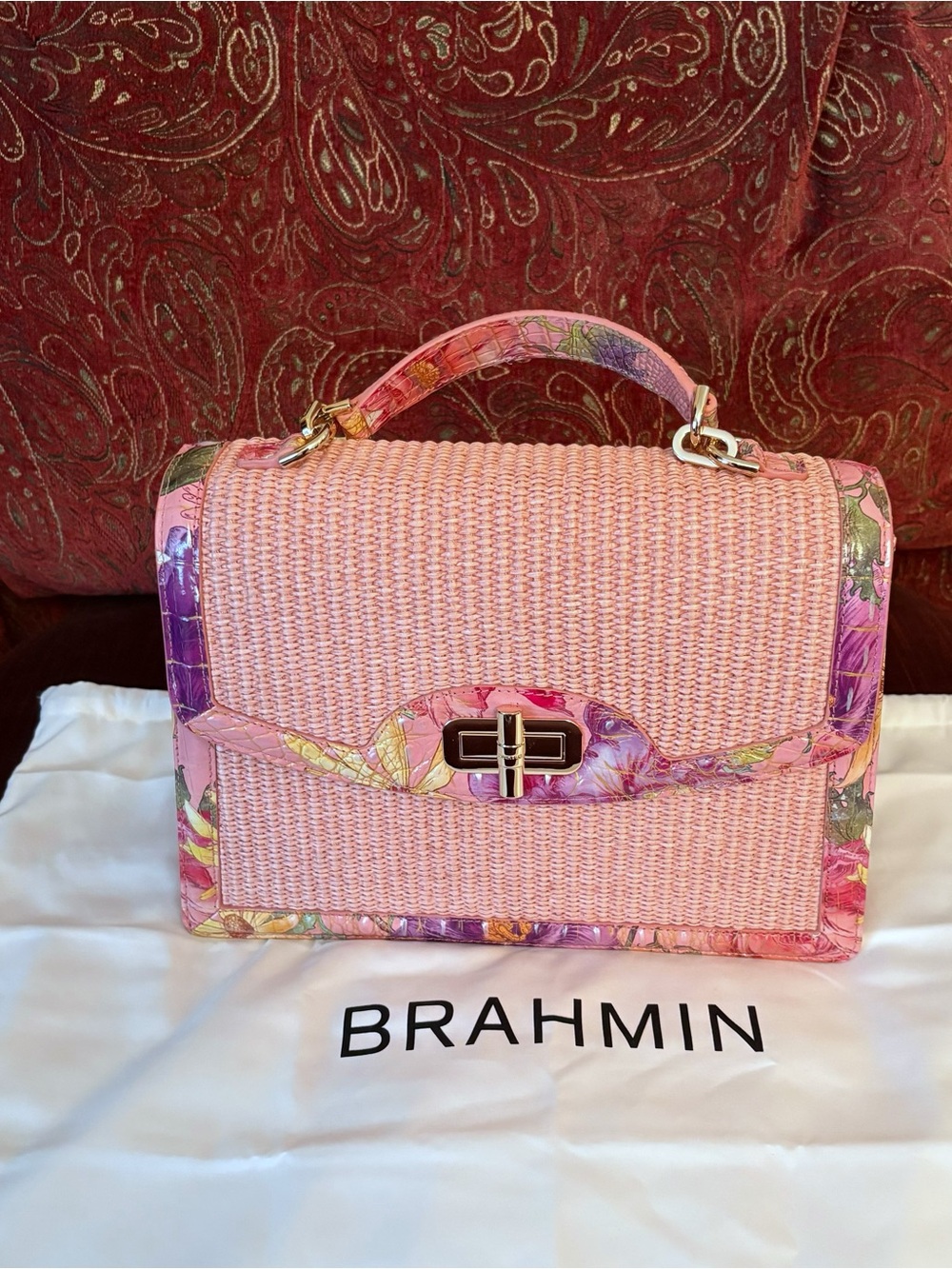 Brahmin Hallie Straw and Croc Embossed Pink Satchel with Floral Trim